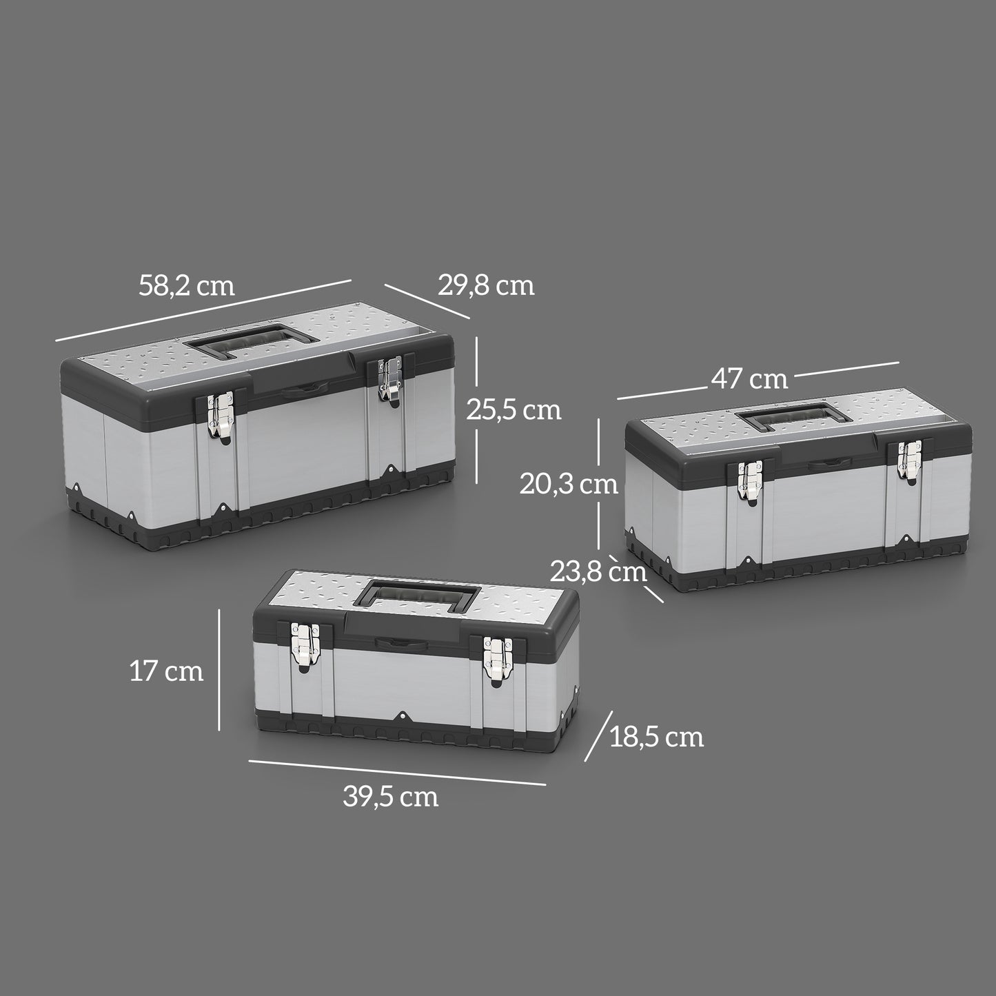 HOMCOM 3-teiliges Werkzeugkasten-Set, Edelstahl, Kunststoff, Silberfarben