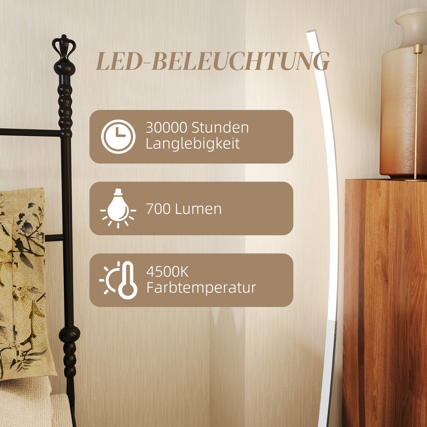 HOMCOM LED-Flurlampe mit anpassbarer Helligkeit, Moderne Stehlampe mit Fußschalter für Schlafzimmer, Wohnzimmer, Silber