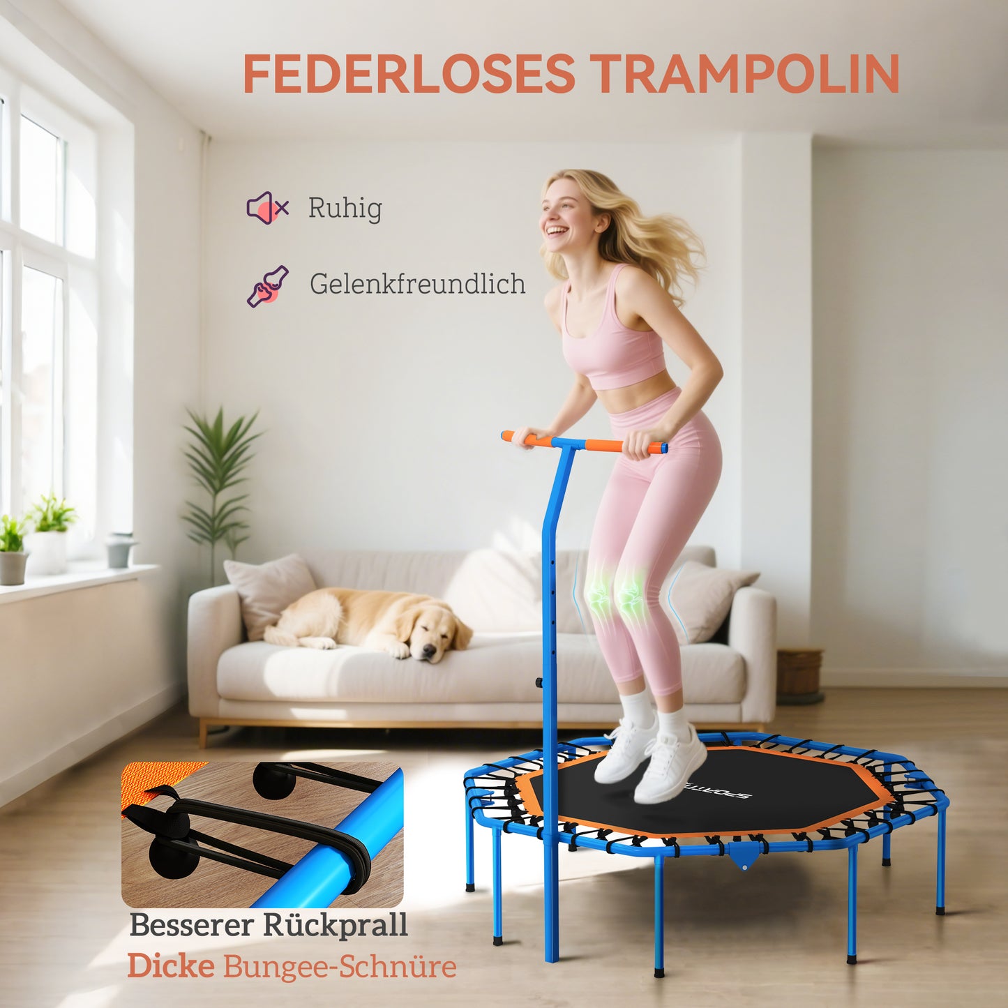 SPORTNOW Fitness-Trampolin, Trainingstrampolin mit verstellbarem Haltegriff, stabil und leise, für drinnenf, Stahl, Blau
