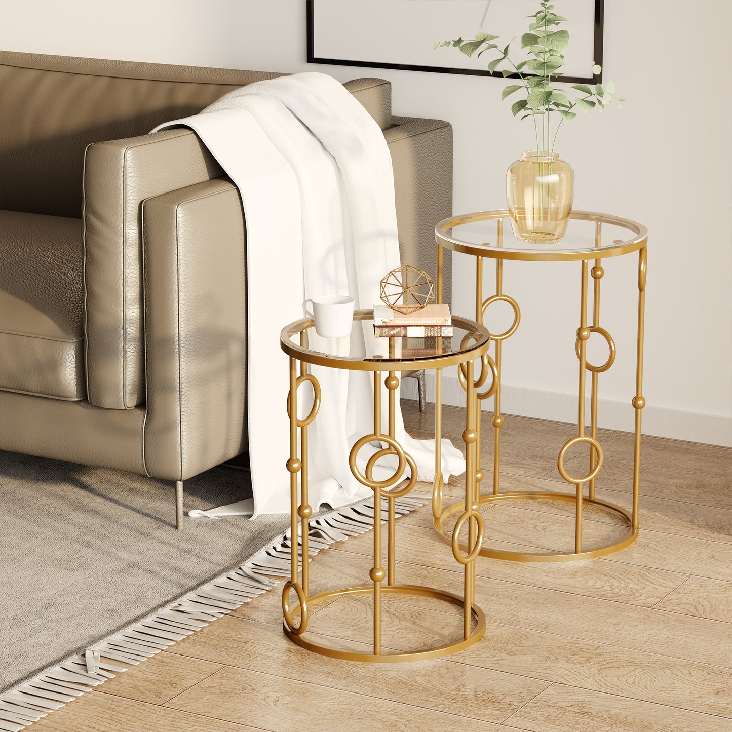 HOMCOM 2er-Set Couchtisch, Beistelltisch mit Glasplatte, Wohnzimmertisch mit Reifen- und Kugeldesign Ø41 x 57 cm, Gold