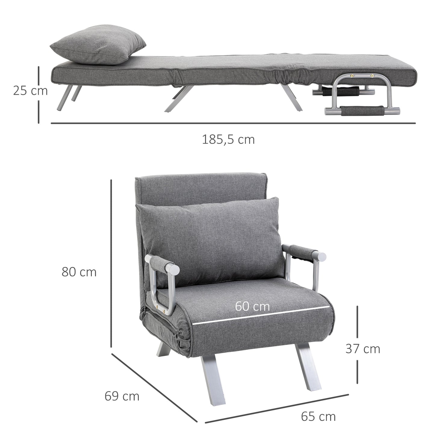 HOMCOM Relaxsessel Liegesessel Sessel, Liegefunktion, Gästebett, 65 cm x 69 cm x 80 cm, Grau