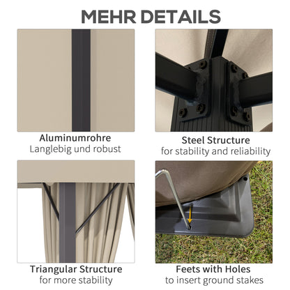 Outsunny Gartenpavillon Pavillon 3 x 3 m Gartenzelt Dach mit Belüftungslöcher Festzelt Partyzelt mit 4 x Seitenteile wetterfest Aluminium Polyester khaki