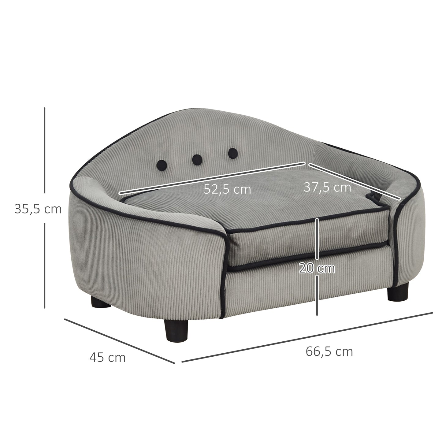 PawHut Haustiersofa, Hundebett, Hundematte, Hundesofa, Naturholz+Plüsch, Grau, 66,5 x 45 x 35,5 cm