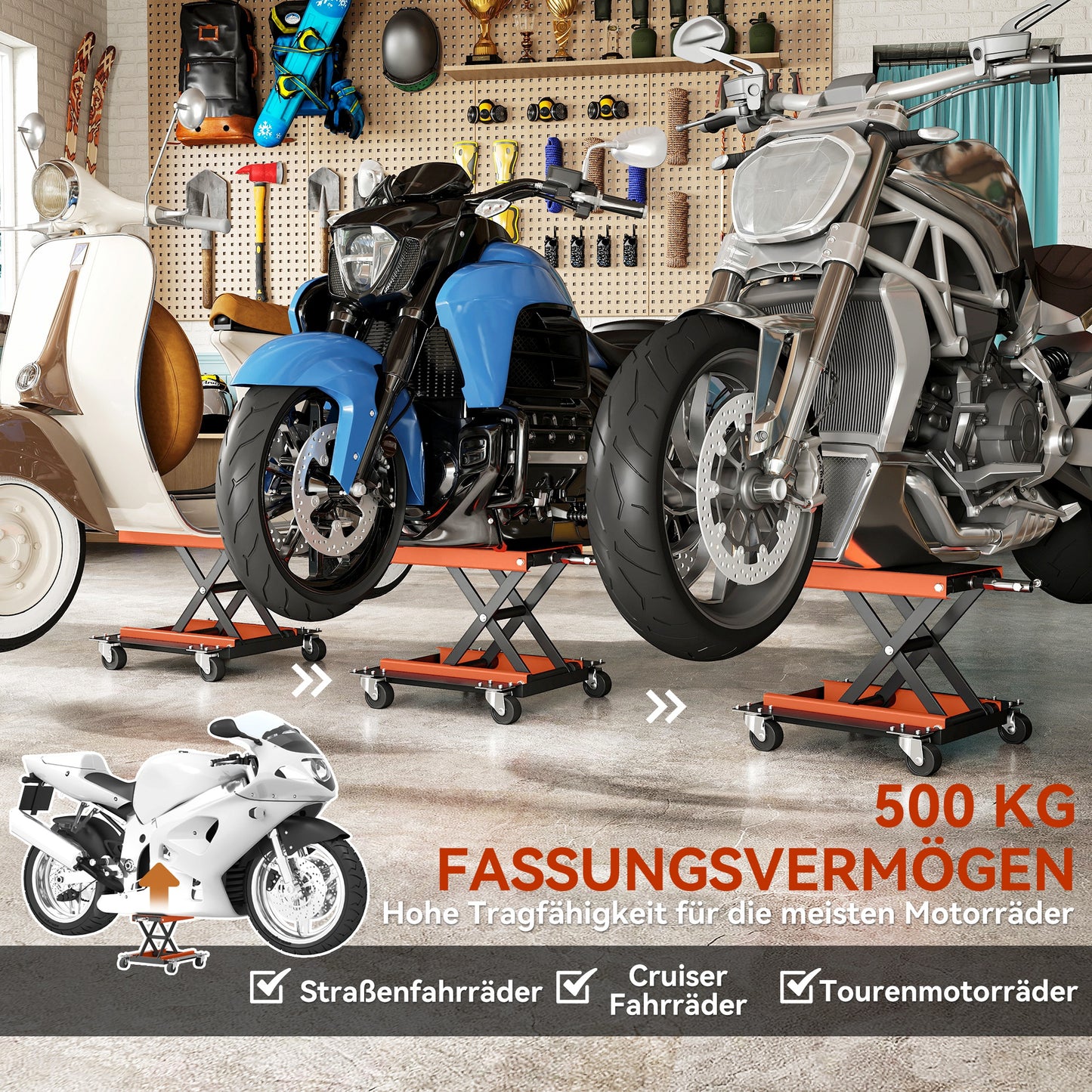 HOMCOM Motorradheber 500 kg Belastbar Motorradhebebühne 135-390 mm Höhenverstellbar Stahl Orange