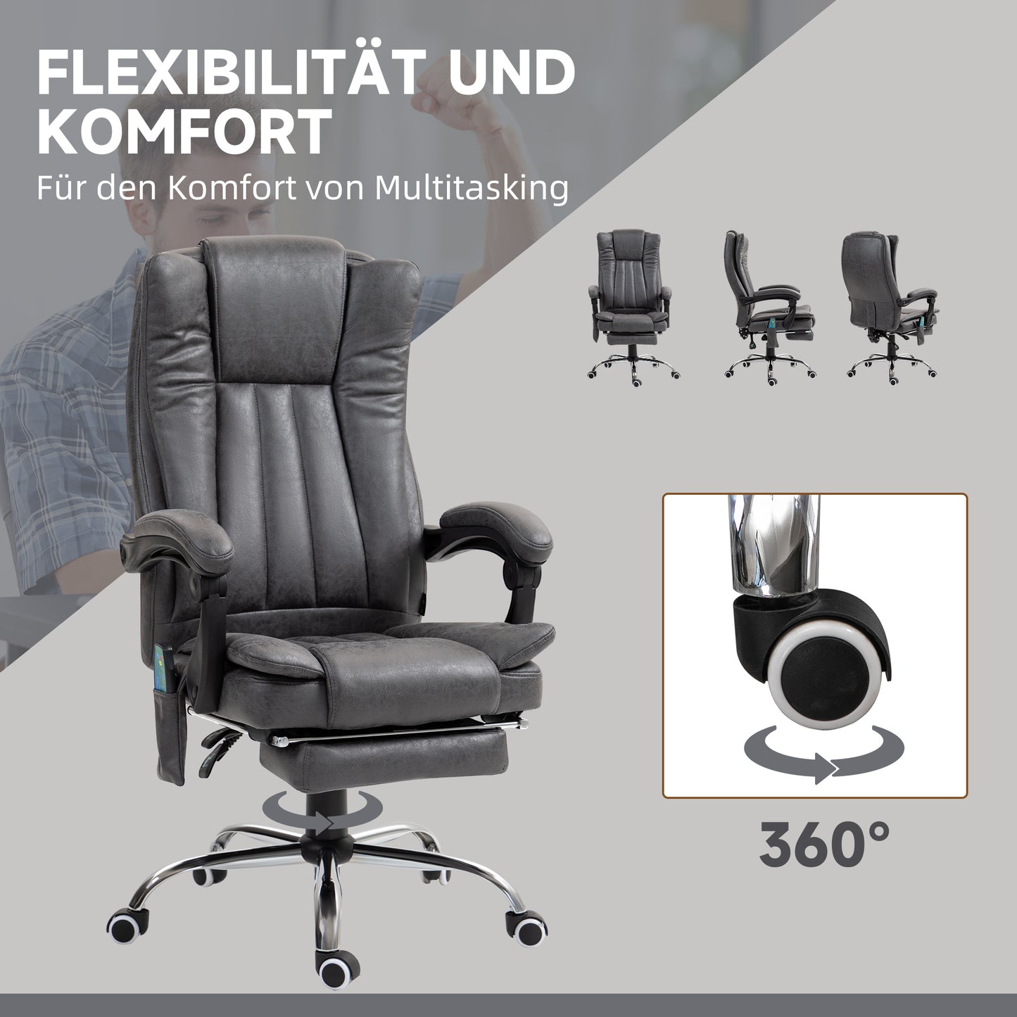 Vinsetto Chefsessel mit Massage- und Wärmefunktion، Fußstütze، verstellbar، مكرر 120 كجم، غراو