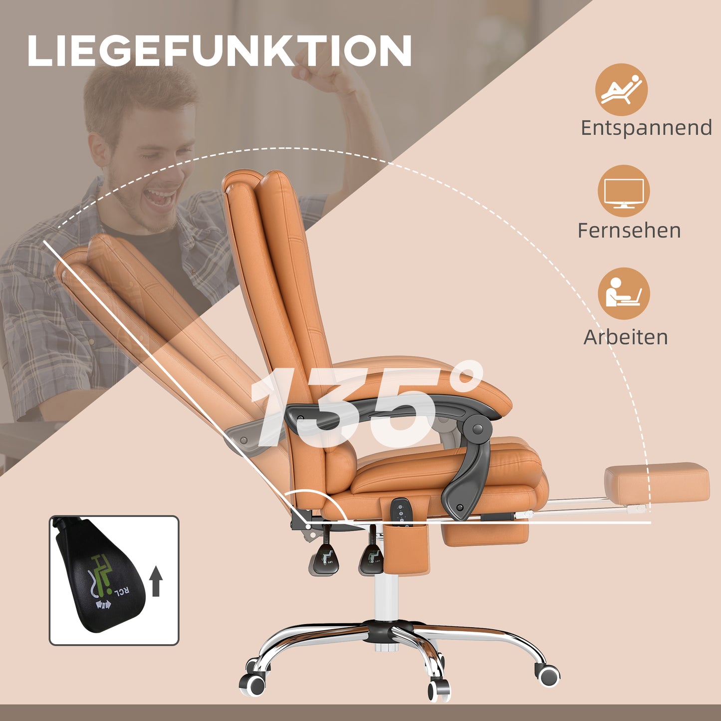 Vinsetto Massage-Bürostuhl, Schreibtischstuhl mit Heizfunktion, Drehstuhl, Liegefunktion, höhenverstellbarer PC-Stuhl, Hellbraun