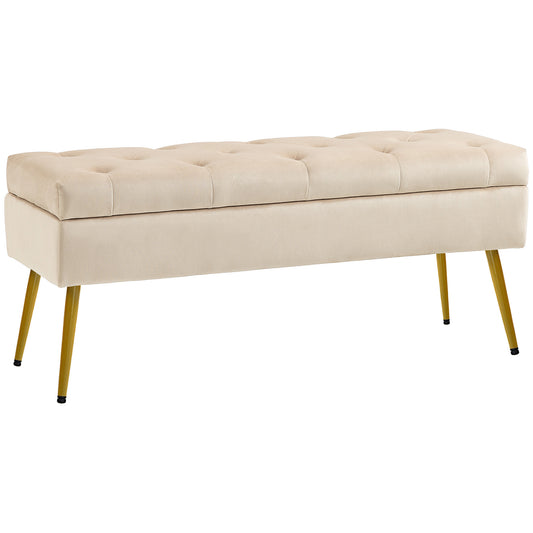 HOMCOM Stauraum-Sitzbank in Samtoptik, gepolsterter Fußhocker mit getuftetem Design, Metallrahmen, 102 x 35 x 43 cm, Beige