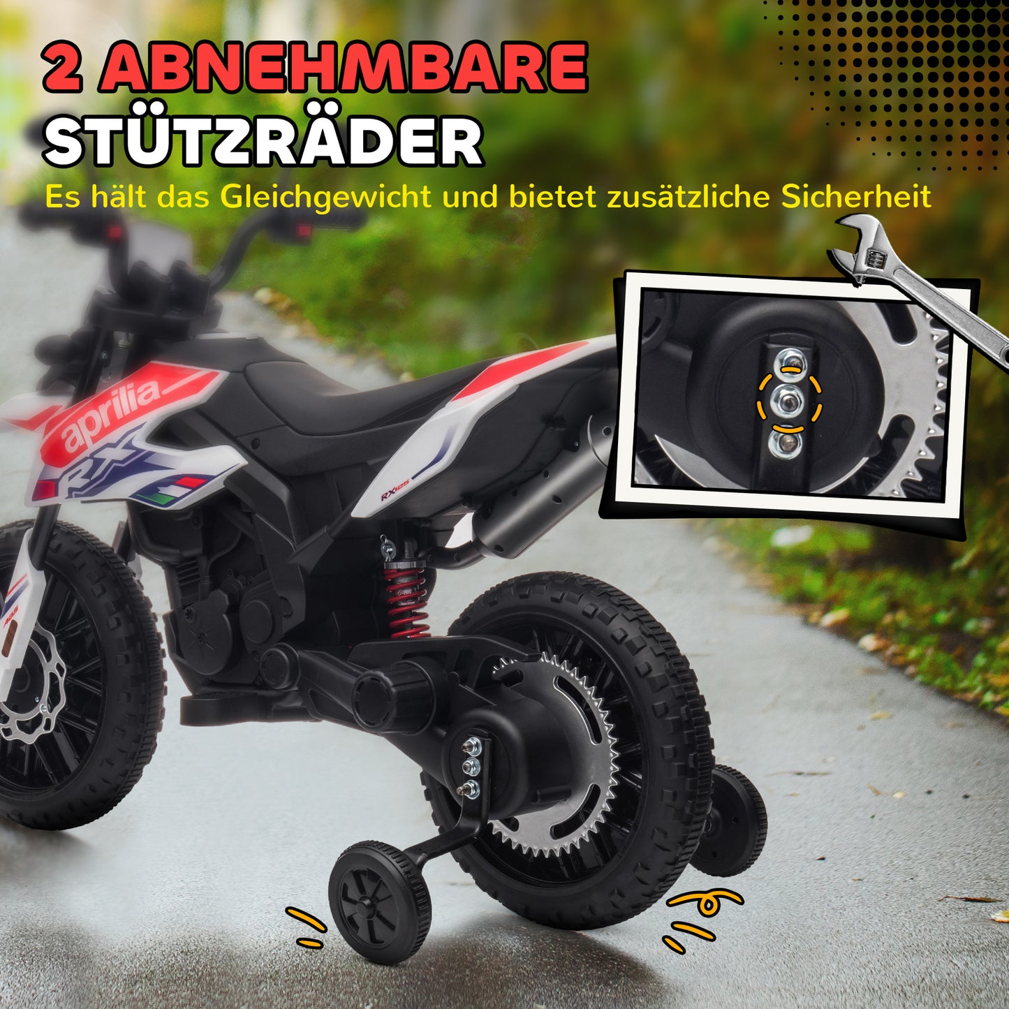 AIYAPLAY 12V Kinder-Motorrad mit Stützrädern, LED-Lichtern, Musik, USB, Elektro-Motorrad für Jungen und Mädchen, Weiß