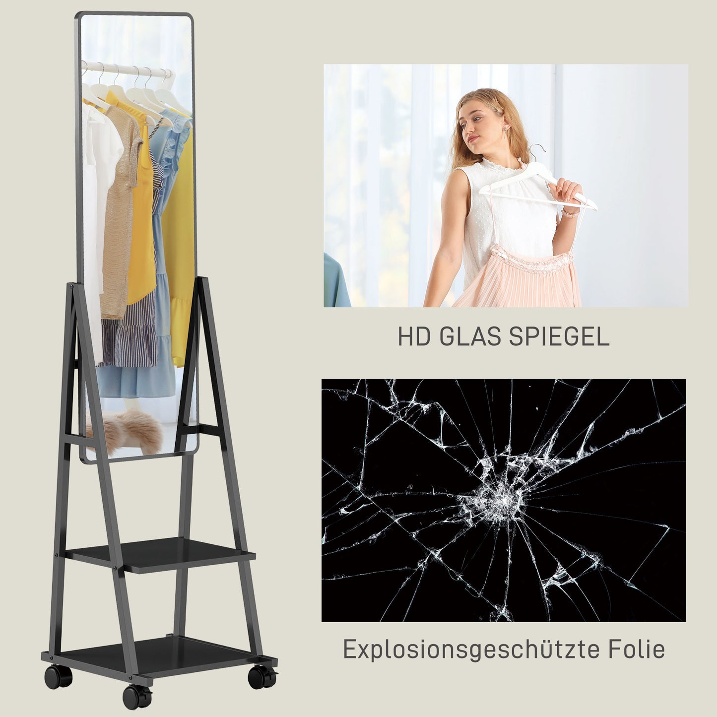 HOMCOM Rollbarer Ganzkörperspiegel mit 2 Regalen und 4 Rädern, für Schlafzimmer, Wohnzimmer, Flur, Schwarz
