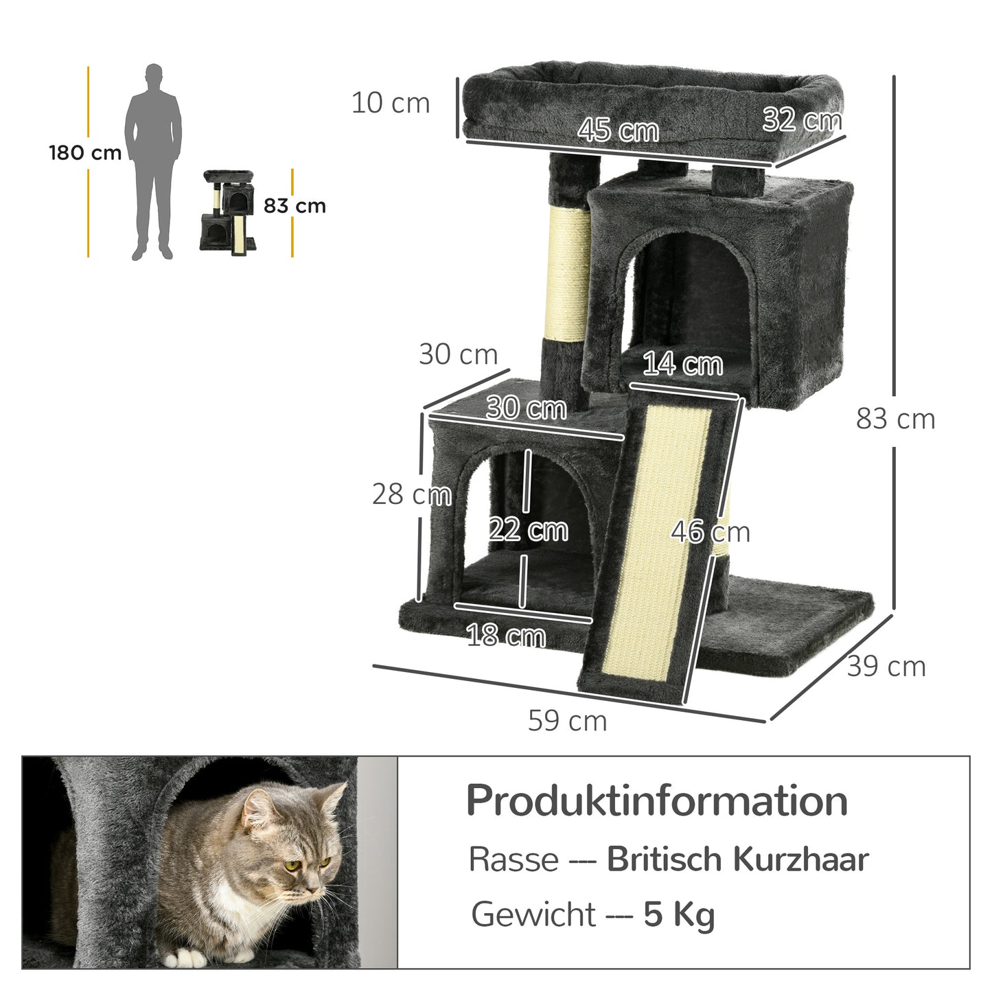 PawHut Kratzbaum 83 cm Kleiner Katzenkratzbaum mit Sisalsäulen, Katzenkratzbaum, Katzen Kletterbaum, Katzenbaum, Katzenmöbel Spielbaum für kleine Katzen, Dunkelgrau