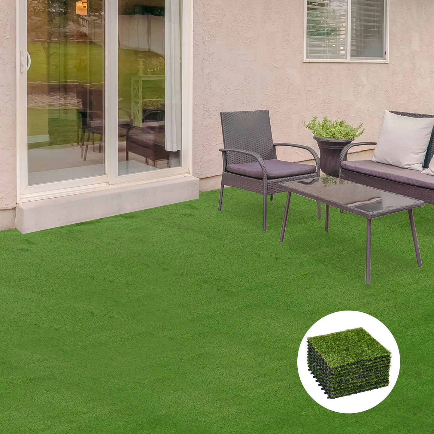 Outsunny Kunstrasen, naturgetreu, Drainagefunktion, 6,5 K Fasern/m², 25mm Höhe, 10-er Set je 30x30cm, Grün