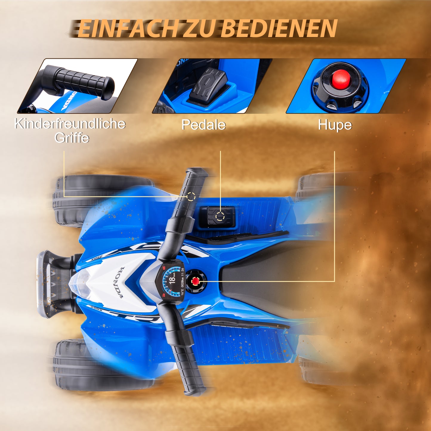 AIYAPLAY Elektro-Kinderquad, LED-Licht, Hupe, breite Reifen, bequemer Sitz, rutschfeste Griffe, Blau