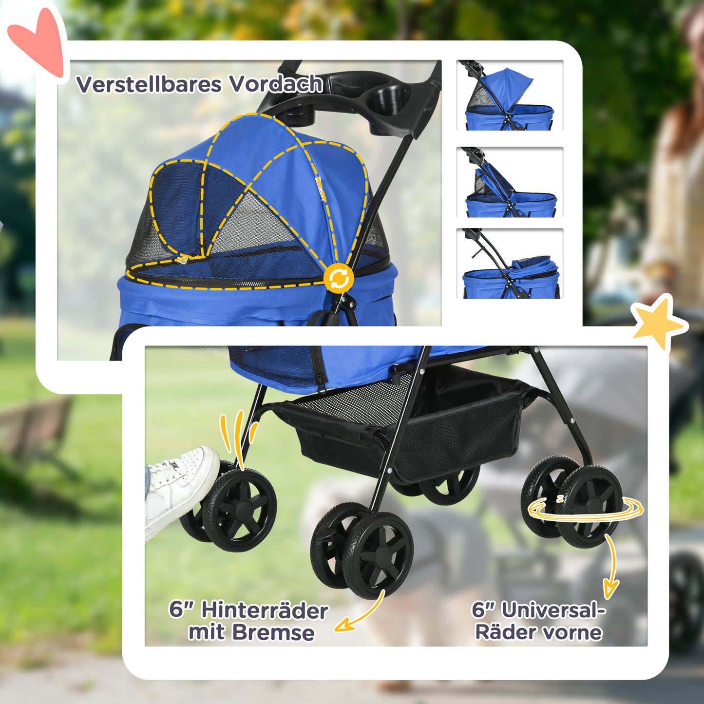 PawHut Hundebuggy Hundewagen bis 4 kg Klappbar Netzfenster Bodenkorb Becherhalter abnehmbares Dach blau 67 x 45 x 96 cm
