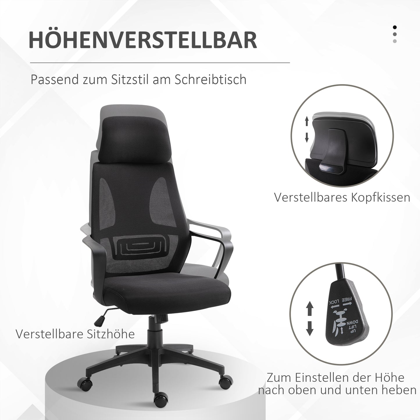 Vinsetto Bürostuhl, Schreibtischstuhl mit Wippfunktion Höhenverstellbarer mit Kopfstütze, Lendenstütze Schwarz