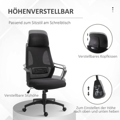 Vinsetto Bürostuhl, Schreibtischstuhl mit Wippfunktion Höhenverstellbarer mit Kopfstütze, Lendenstütze Schwarz