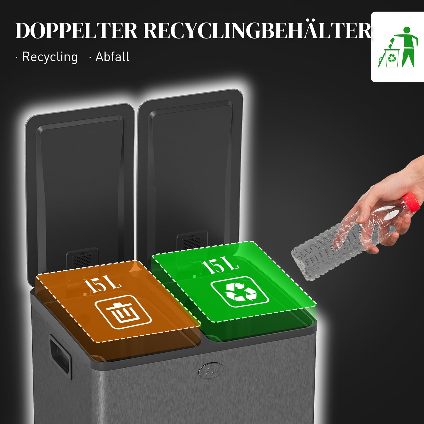 HOMCOM 2 x 15 L Doppelmülleimer, Pedalöffnung, leicht zu reinigen, Edelstahl, Kunststoff, Schwarz