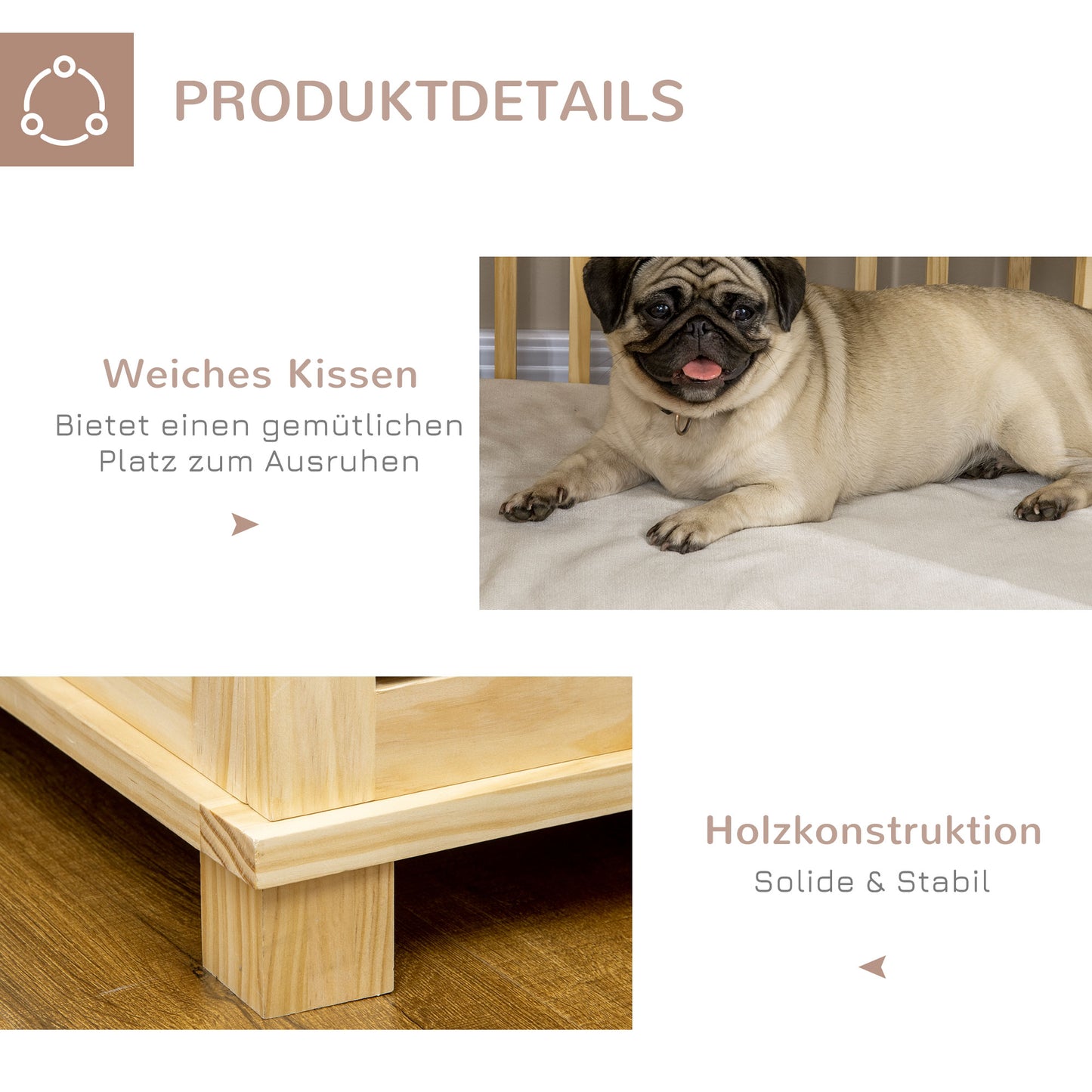 Pawhut Hundekäfig inkl. Verrieglung und Polster, 82,5 cm x 57 cm x 72 cm, Naturholz + Cremeweiß