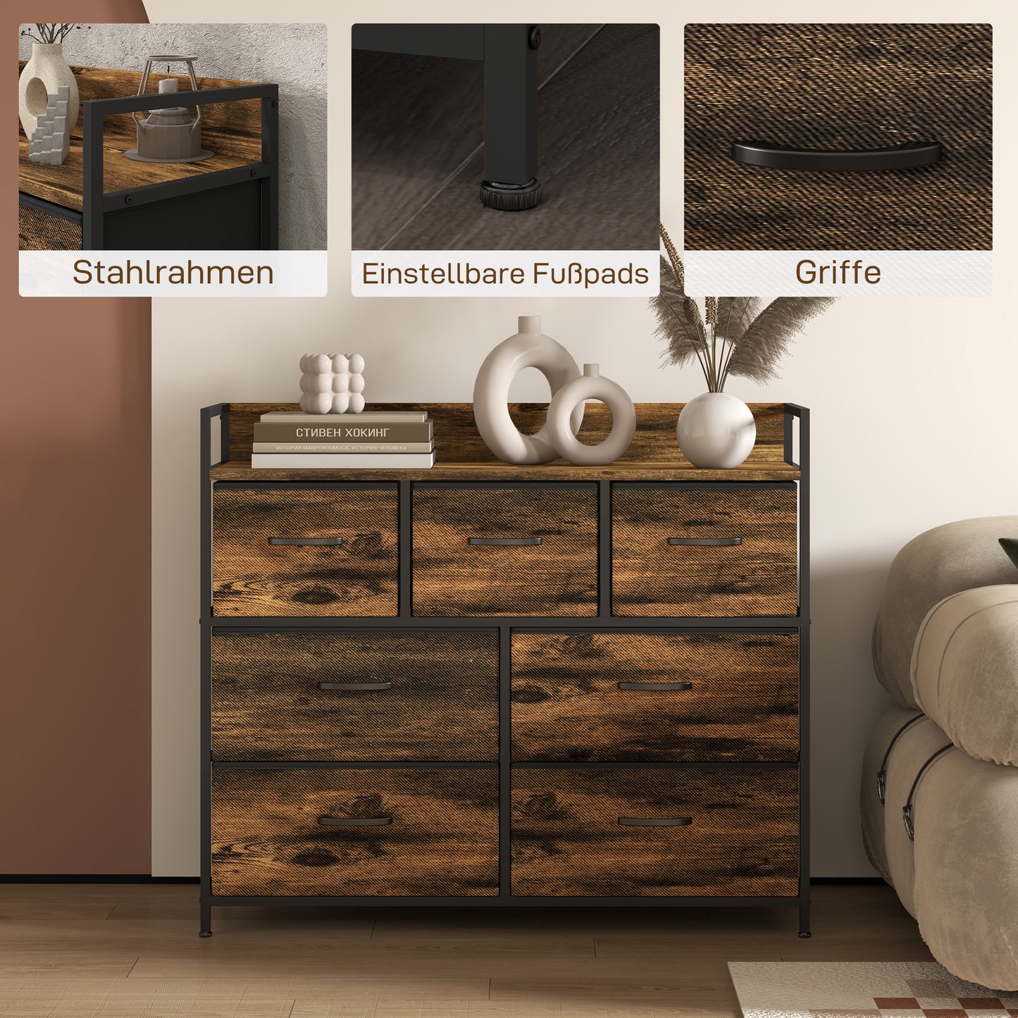 HOMCOM Kommode, Sideboard mit 7 Stoffschubladen, Industrial Design, Stahlrahmen, 98x29x85cm, Braun/Schwarz