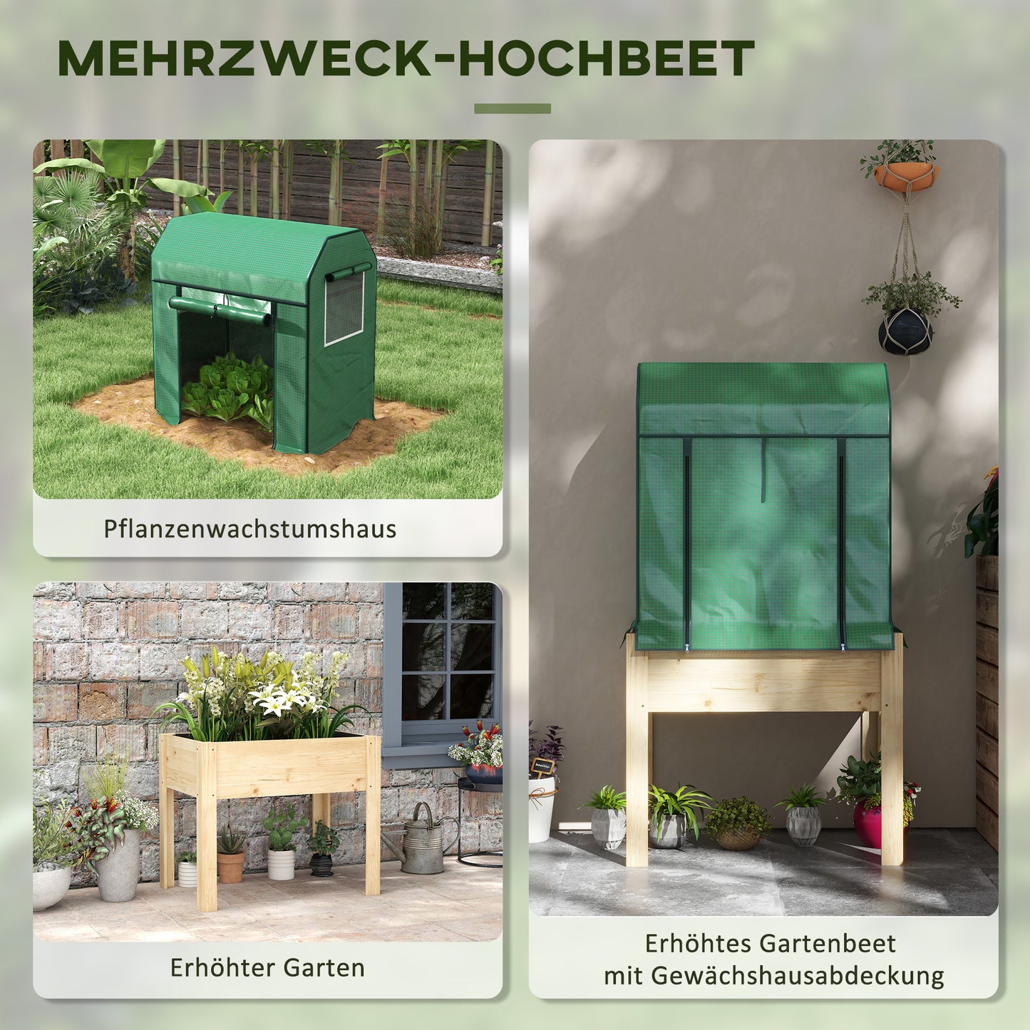 Outsunny 2-in-1 Hochbeet Pflanzenkasten Frühbeet Gewächshaus, 86 cm x 60cm x 165 cm, Natur + Grün