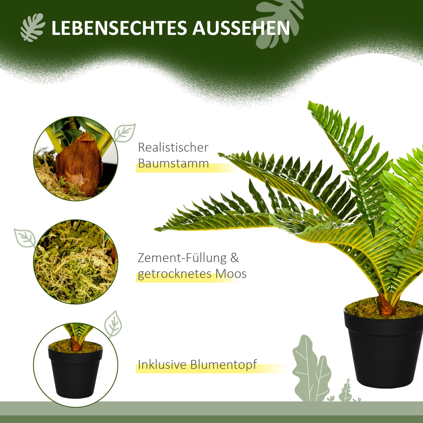 HOMCOM Kunstpflanze, Tropische Palme, inkl. Übertopf, 50 cm, Grün + Schwarz