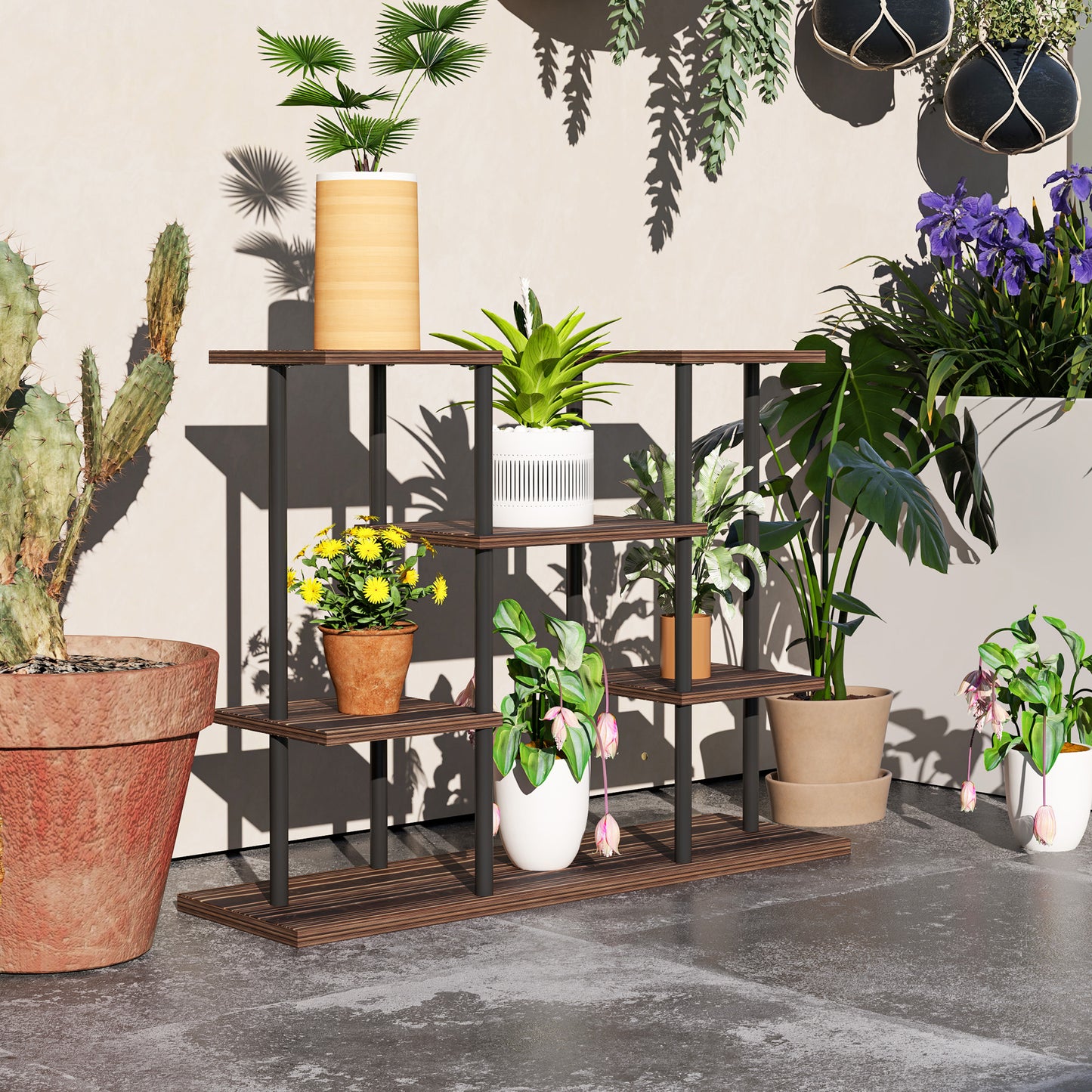 Outsunny Blumenständer mit 4 Ebenen, 4-stufiger Pflanzenständer, Blumentopfhalter für drinnen und draußen, Holz, Stahl