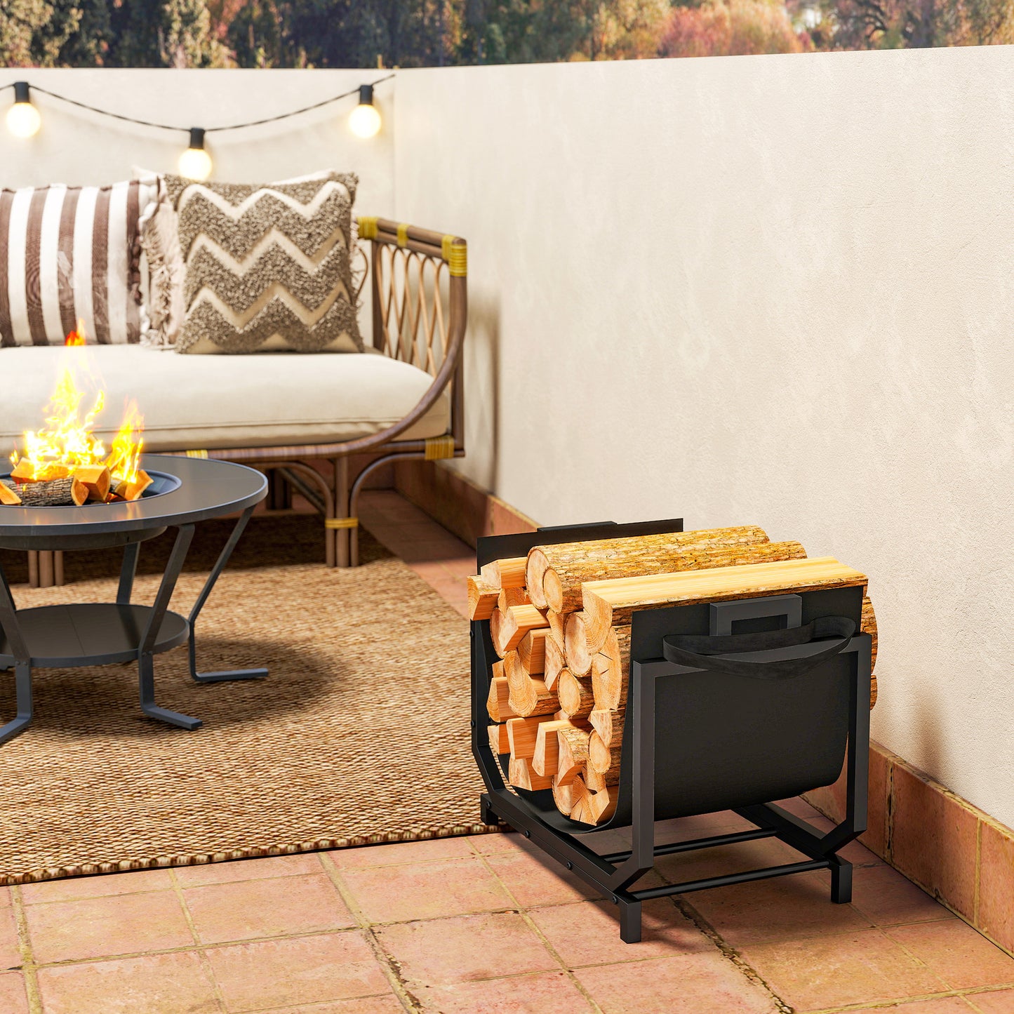 Outsunny Kaminholzregal für innen 53 x 33 x 43 cm Brennholzregal mit Tragetasche Metall Schwarz