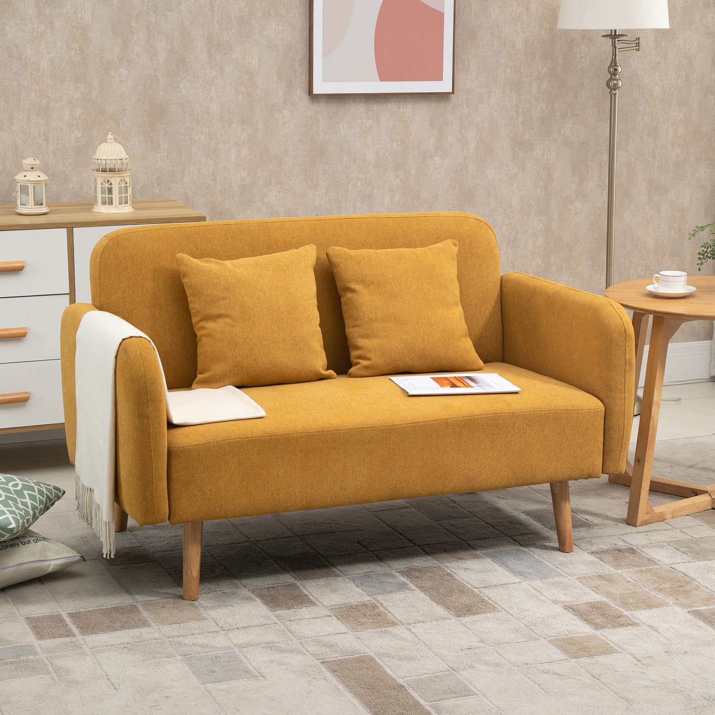HOMCOM Sofa 2 Sitzer Couch mit 2 Wurfkissen, Kleine Loveseat mit Samtopik Modern Polstersofa für Wohnzimmer, Schlafzimmer, kleinen Raum, Gelb 130 x 70 x 80 cm
