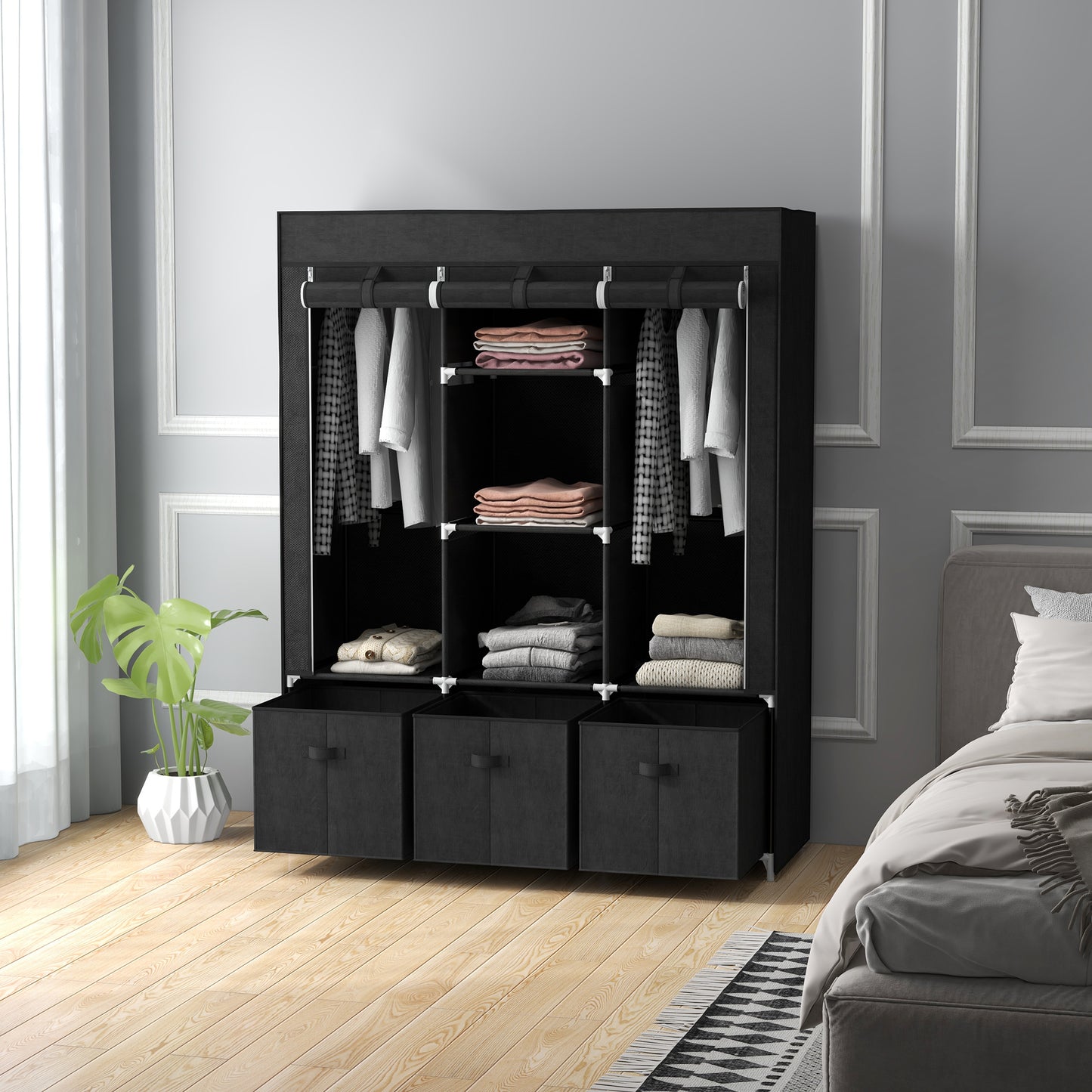 HOMCOM Stoffschrank aus Vlies, Faltschrank, inkl. 3 Schubladen, 125 cm x 43 cm x 162,5 cm, Schwarz