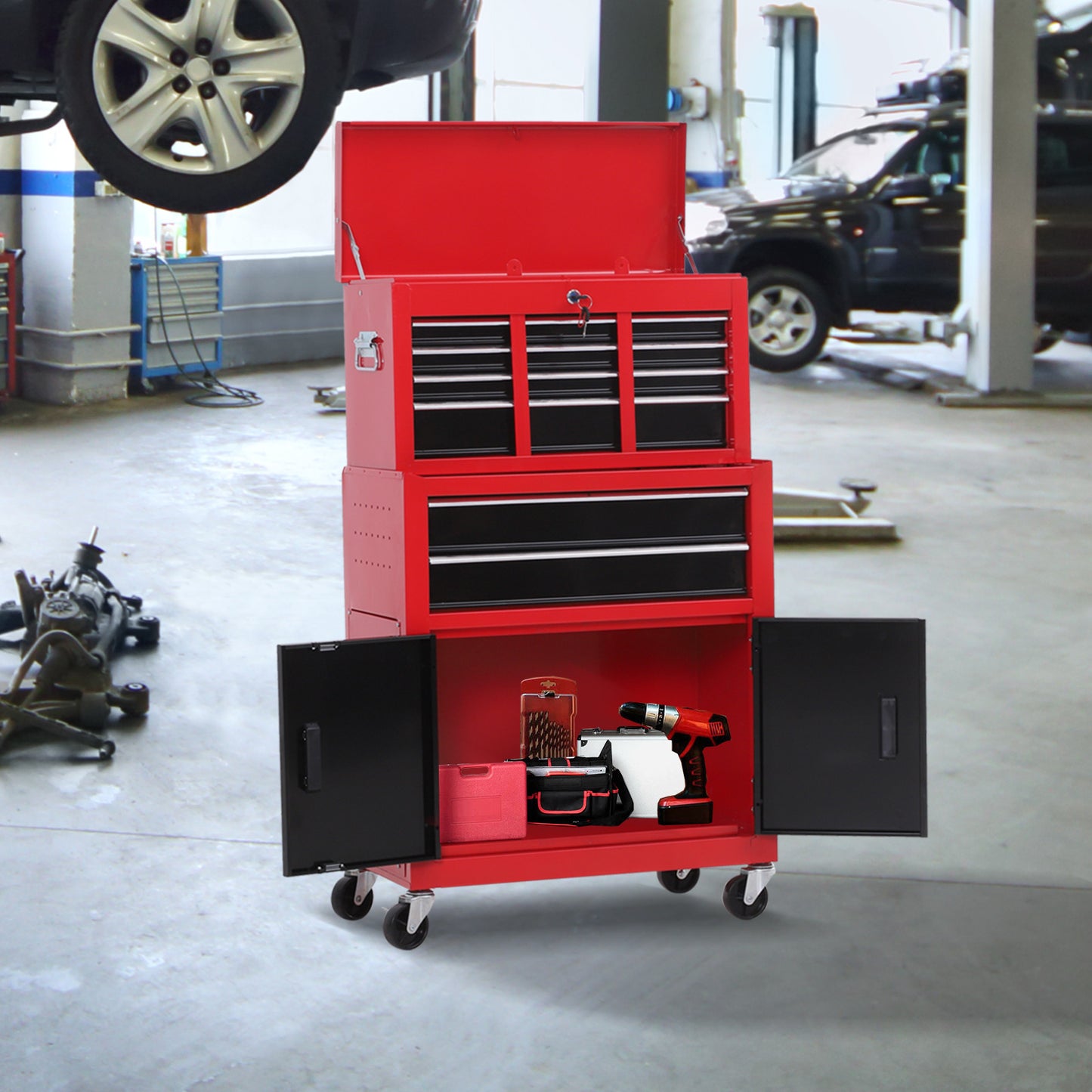 HOMCOM Werkzeugschrank mit Werkzeugkiste, rollbar, 6 Schubladen, Metall, Rot