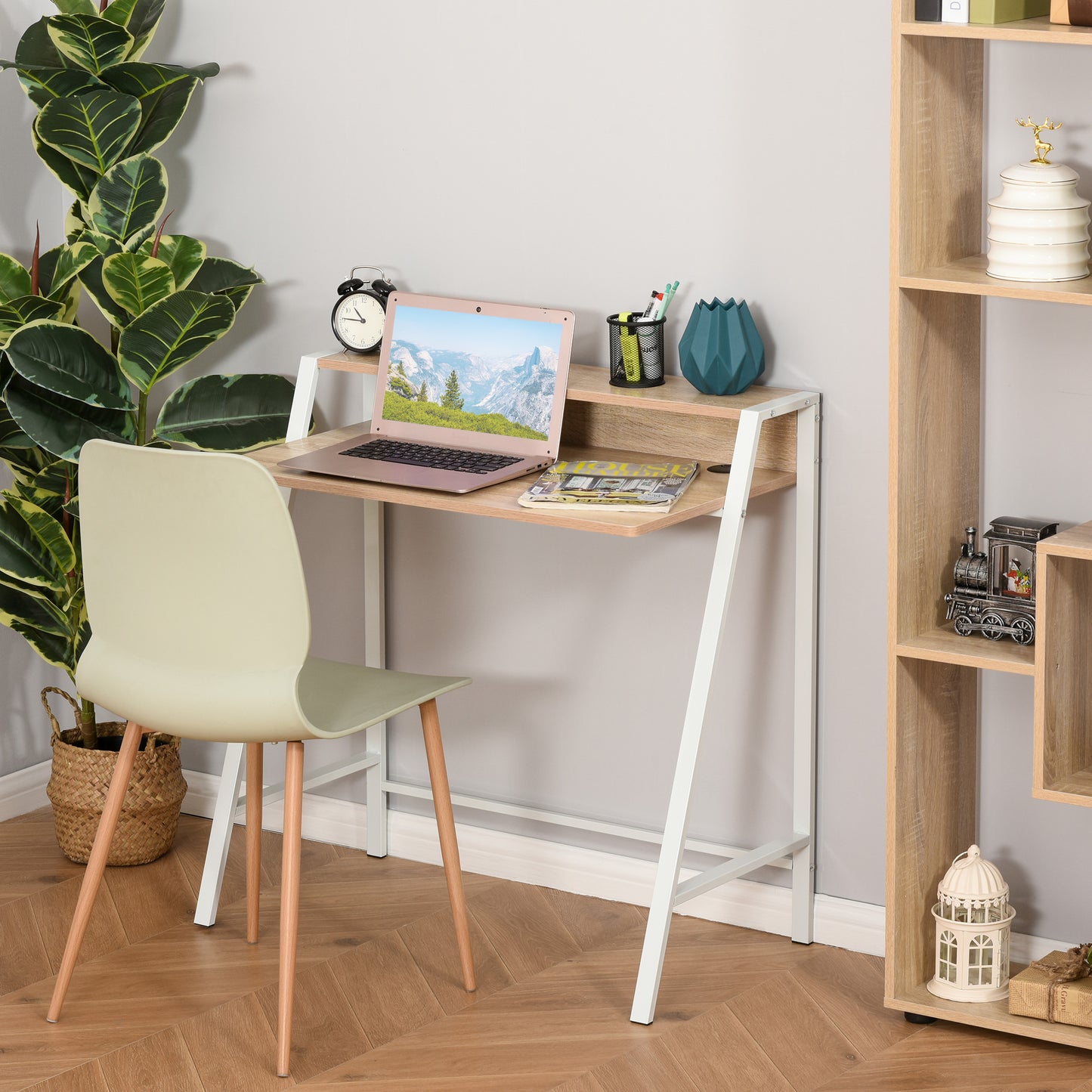 HOMCOM Schreibtisch, Computertisch mit Ablage und Kabel Management, moderner Schreibtisch mit Metallgestell für Arbeitszimmer, Schlafzimmer, Home Office, 84 x 45 x 85 cm, Weiß+Eiche