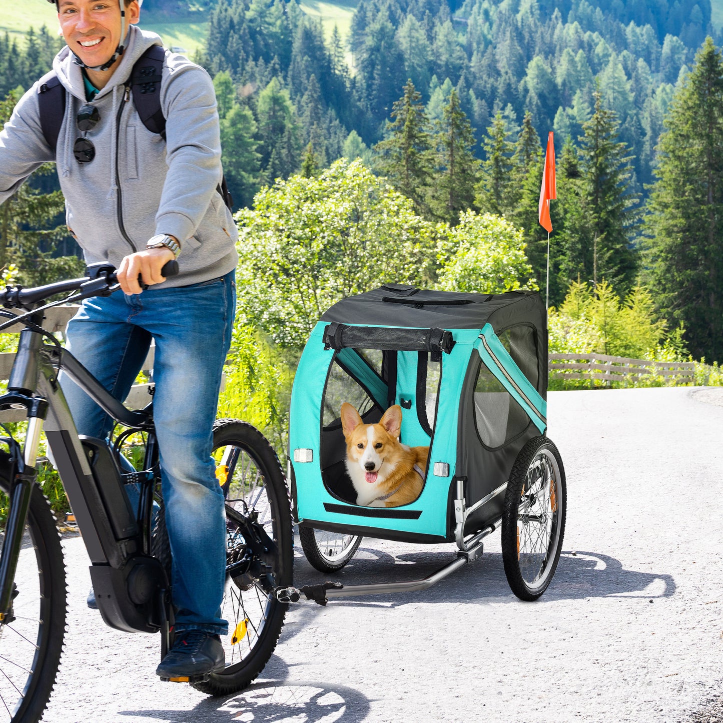 PawHut Haustieranhänger Hundeanhänger Fahrradanhänger bis 20kg klappbar Reflektor Regenschutz Stahl Grau + Grün 130 x 73 x 90cm