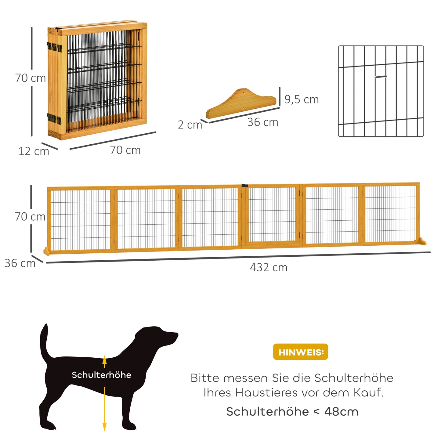 PawHut Absperrgitter für Hunde, klappbar, 432 x 36 x 70 cm, Kiefernholz, Gelb