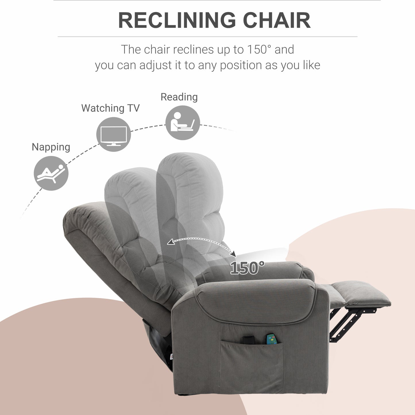 HOMCOM Fernsehsessel mit Aufstehhilfe Elektrisch, Massagesessel mit Liegefunktion und Wärmefunktion, Relaxsessel mit Fernbedienung und Seitentasche Verstellbar Polyester-Gewebe Dunkelgrau