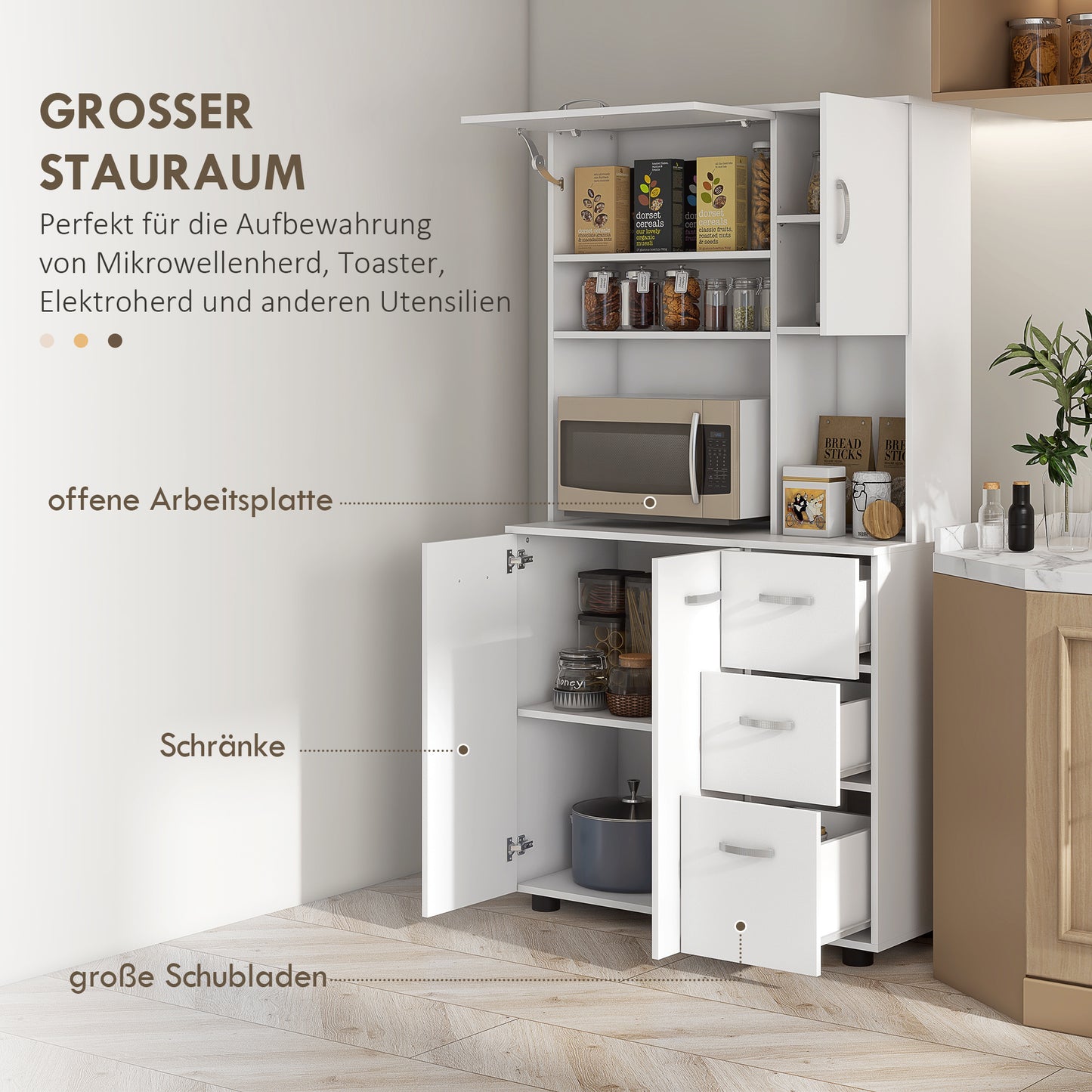 HOMCOM Küchenschrank, Buffet, 3 Schubladen, 3 Regale, viel Stauraum, 89x39,5x168cm, Weiß