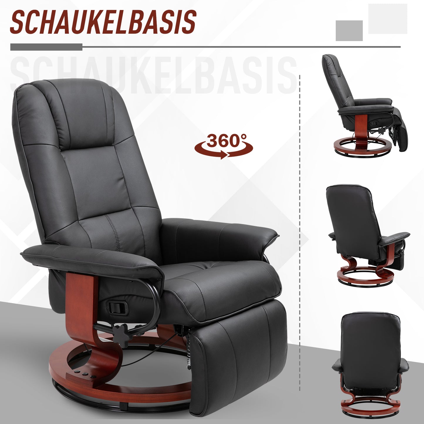 HOMCOM Relaxsessel Fernsehsessel Liegesessel Kunstleder 360° Drehstuhl 145° neigbar Schwarz 78 x 87 x 100 cm
