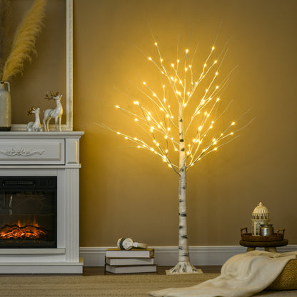 HOMCOM Künstliche Birke mit LEDs, biegsame Äste, Kunststoff und Metall, 150 cm, Weiß