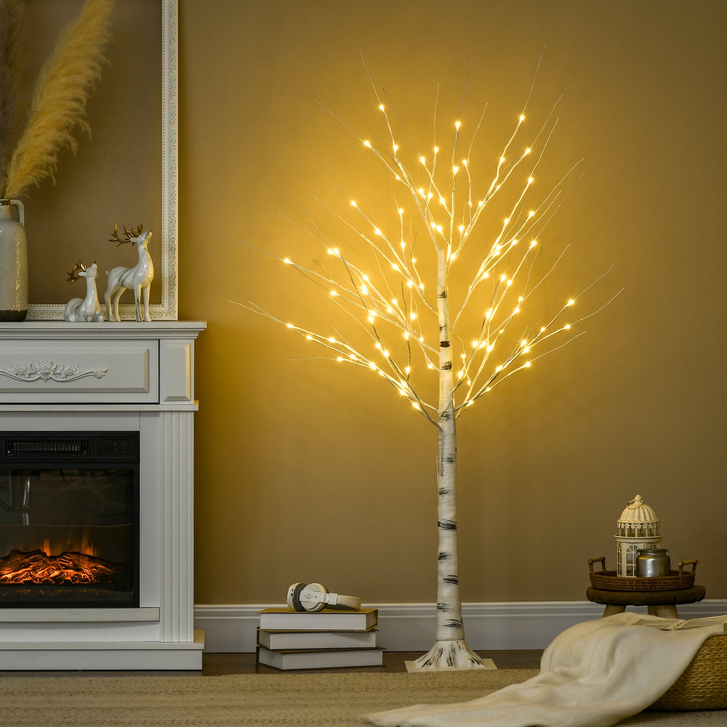 HOMCOM Künstliche Birke mit LEDs, biegsame Äste, Kunststoff und Metall, 150 cm, Weiß