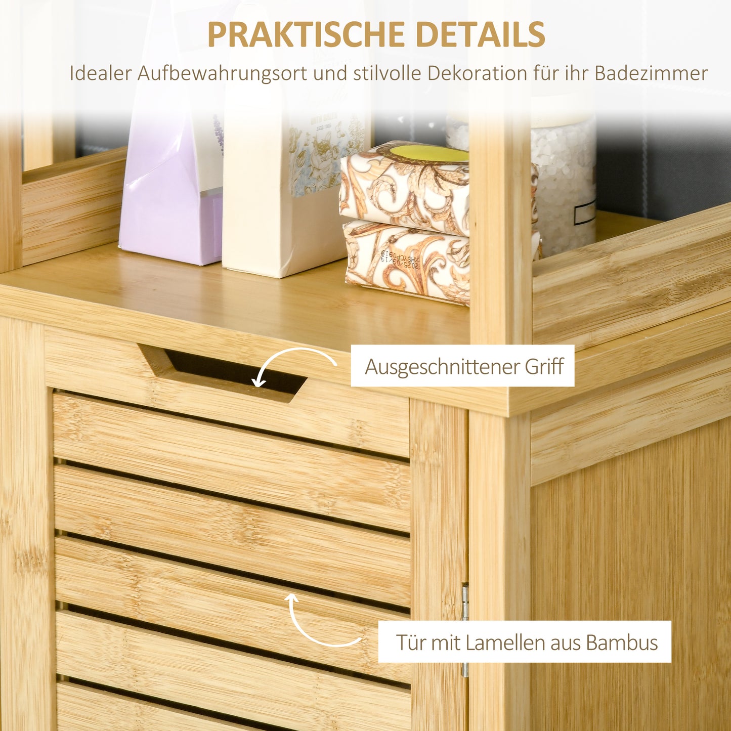 kleankin Badschrank, Hochschrank, drei Regalböden, ein Schrankfach mit Lamellentür, Kippschutz, Bambus, 34 x 30 x 173cm