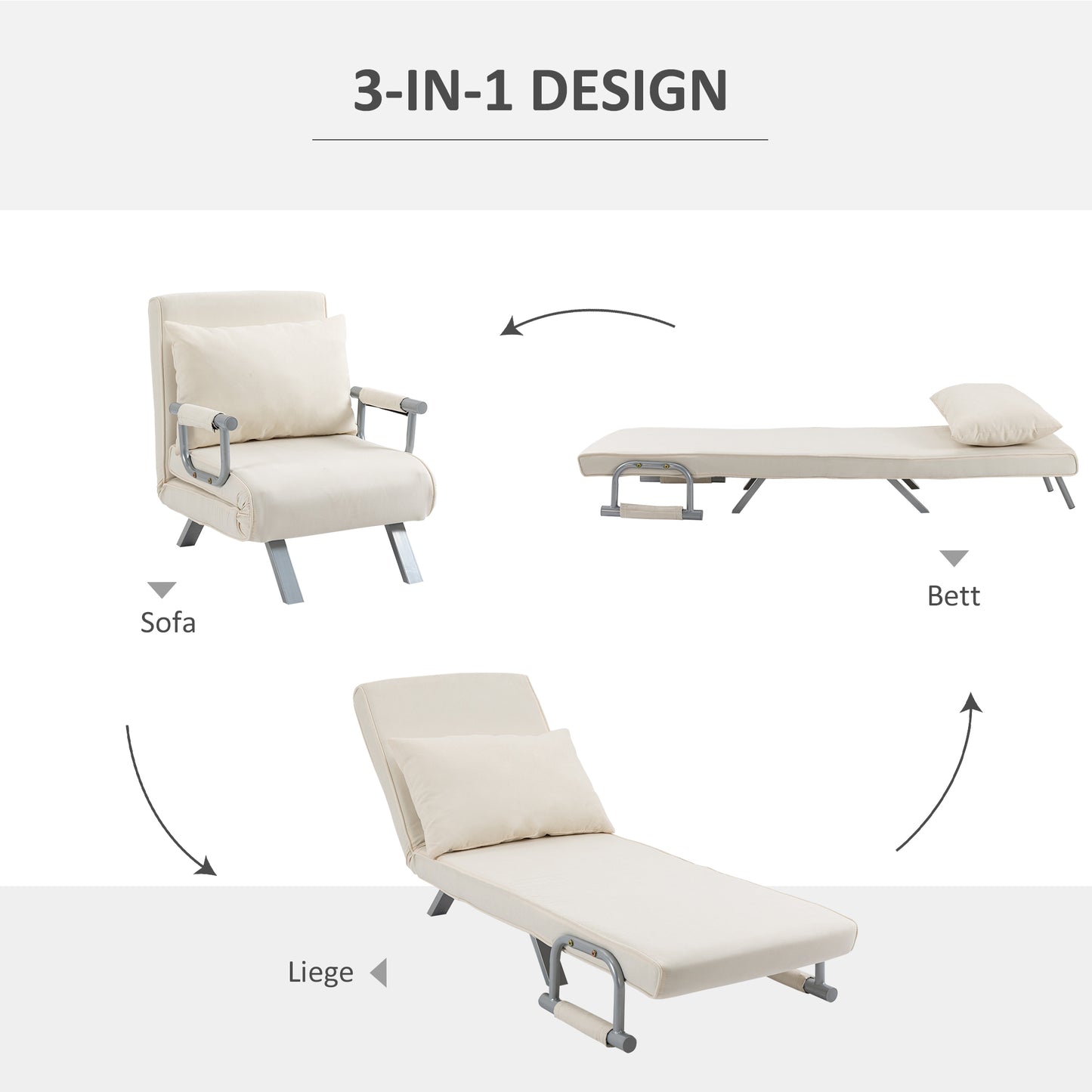 HOMCOM Relaxsessel Liegesessel Sessel, Liegefunktion, Gästebett, 65 cm x 69 cm x 80 cm, Cremeweiß