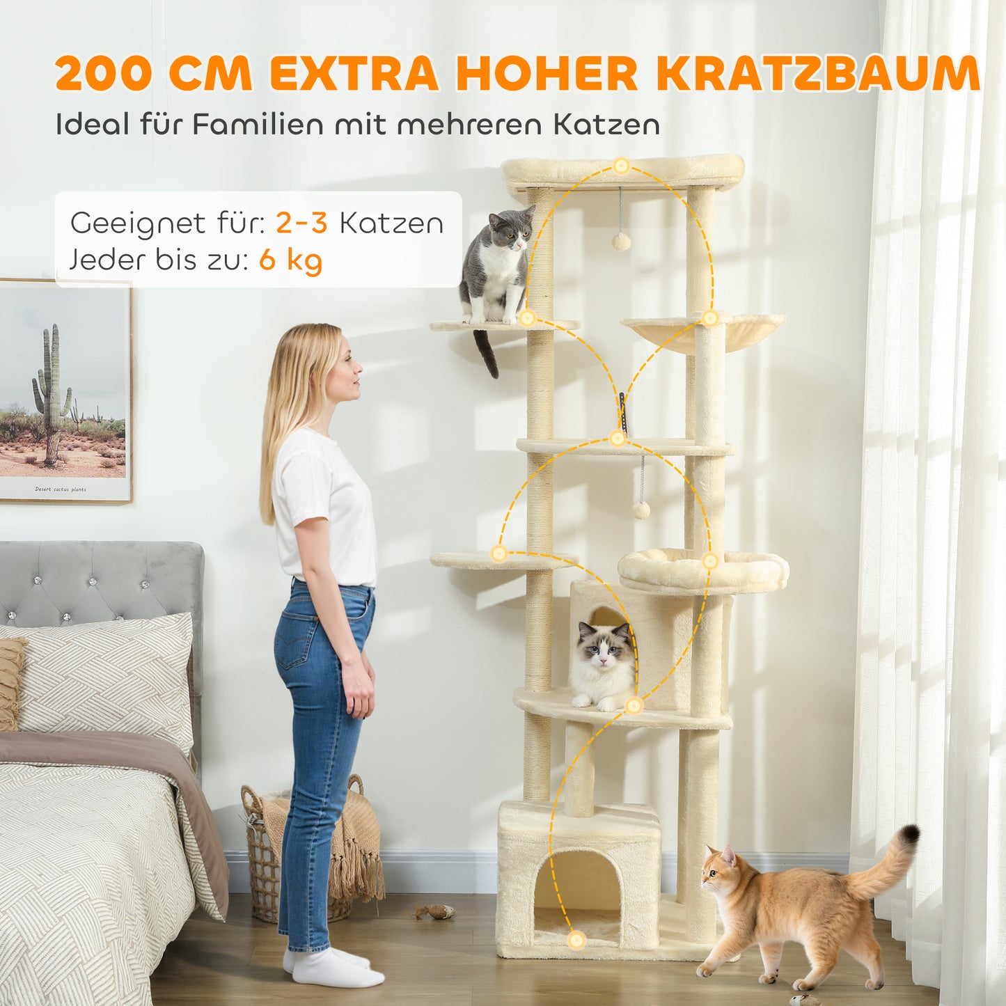 PawHut 2 Meter hoher Kratzbaum für 2-3 Katzen, Kratzpfosten, Höhlen, Hängematte, Verstecke, mehrstöckiges Design, Sisal, Holz, Plüsch, Beige