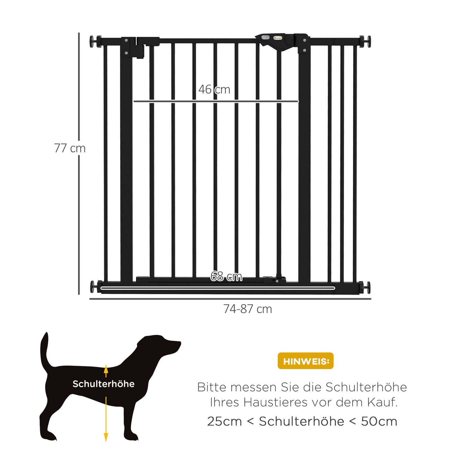 PawHut Türschutzgitter für Hunde, Absperrgitter, Schutzgitter für Haustiere, Metall, Kunststoff, 74-87 cm, Schwarz