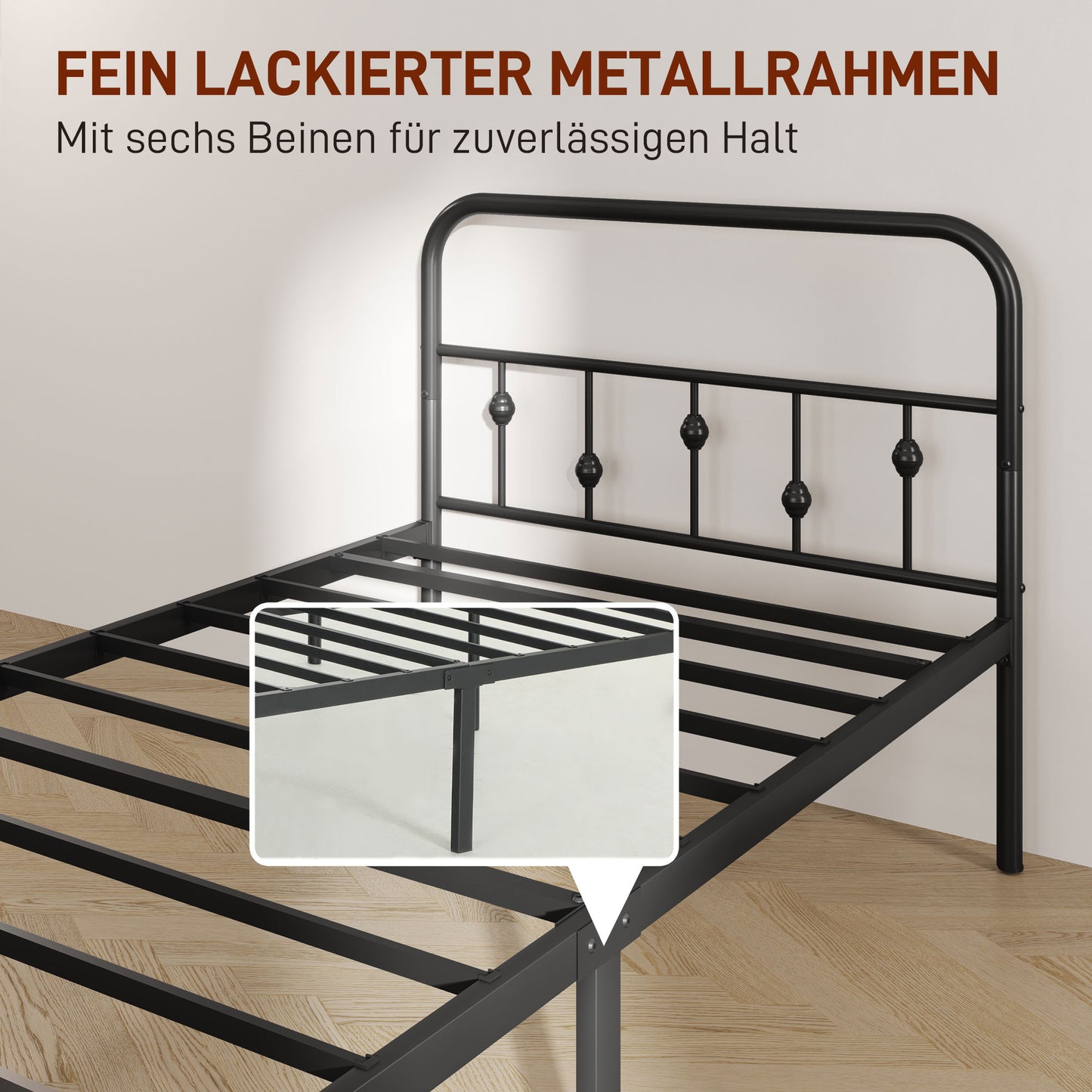 HOMCOM Einzelbettgestell aus Metall, Leichte Montage, mit geräuschreduzierenden Gummikits, Schwarz
