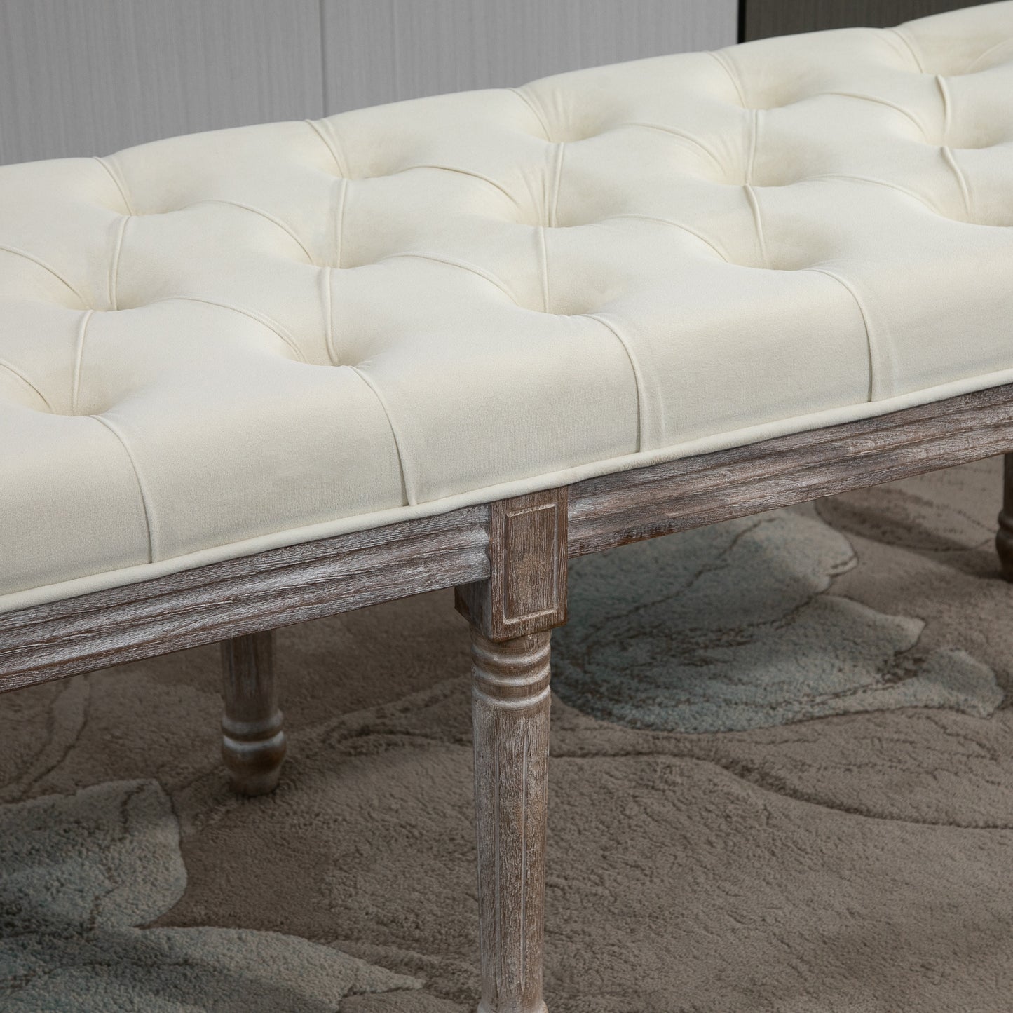 HOMCOM Polsterbank Sitzbank Vintage Bettbank mit Knöpfen Samtige Berührung Gummiholz Beige 142 x 47 x 51 cm