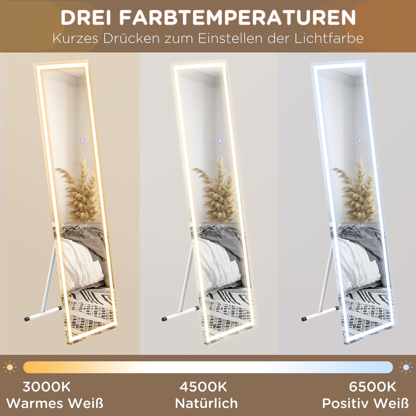 HOMCOM Standspiegel Wandspiegel Ganzköprerspiegel، مع مصابيح LED، 40 سم × 150 سم، فايس + سيلبر