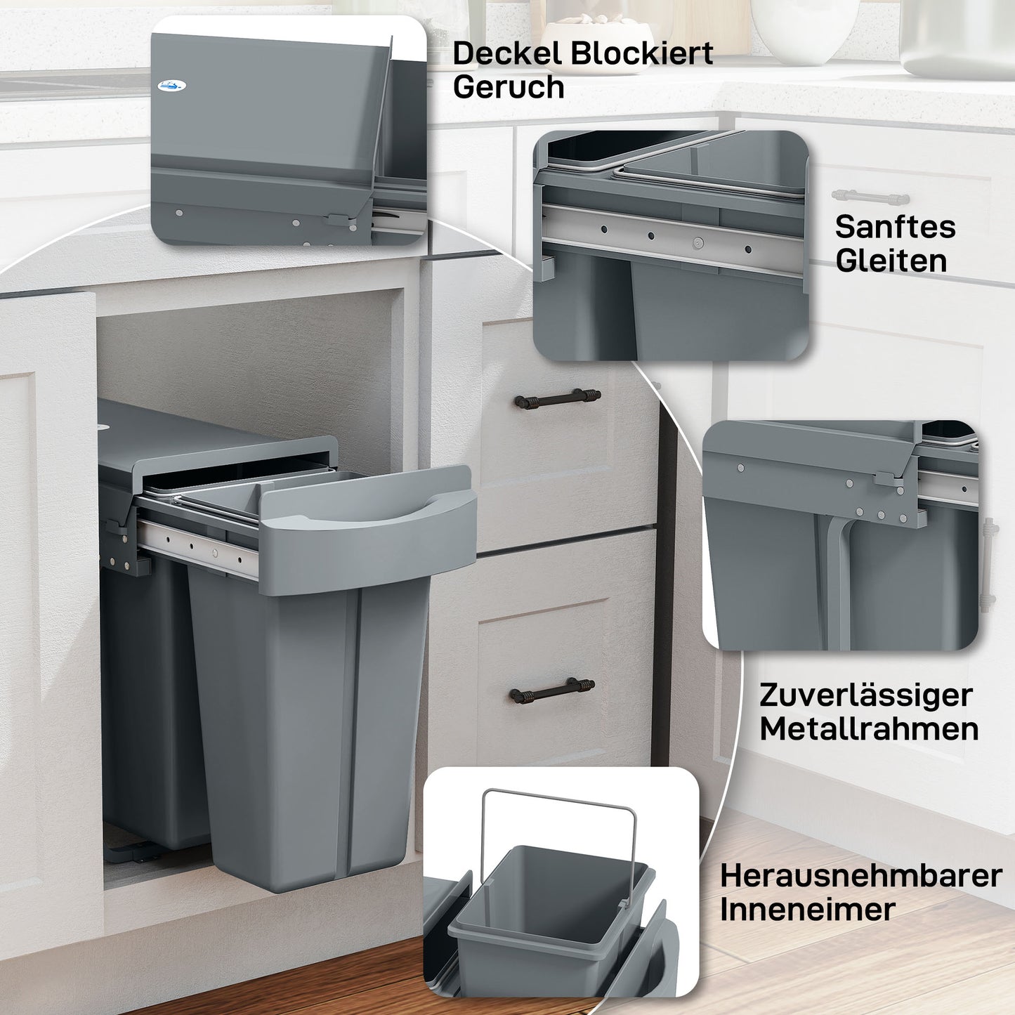 HOMCOM Ausziehbarer Mülleimer, Küchenmüllbehälter mit 2 herausnehmbaren Eimern, Griff, 30 Liter (20 L+10 L), Metall, Grau