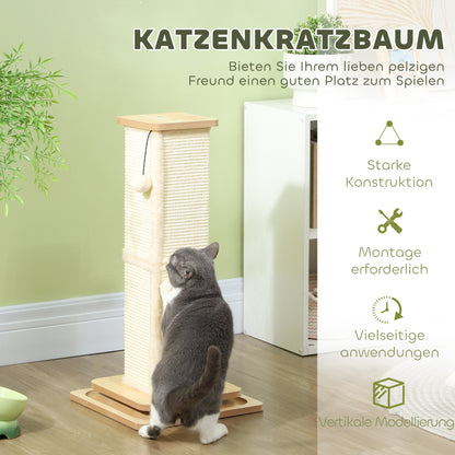 PawHut 3-in-1-Kratzbaum mit Spielschiene, Spielball, Sisal, bis 5 kg, 34 x 34 x 67 cm, Eiche/Creme