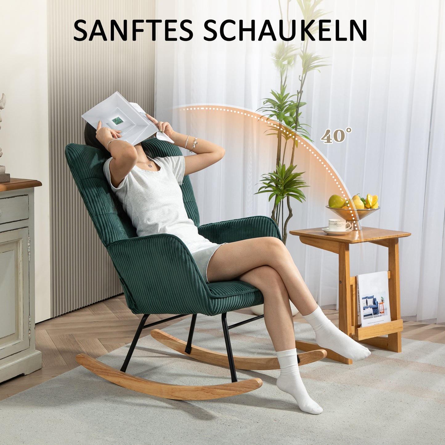HOMCOM Schaukelstuhl, Buchenholz-Kufen, dicke Polsterung, Dunkelgrün, bis 120 kg