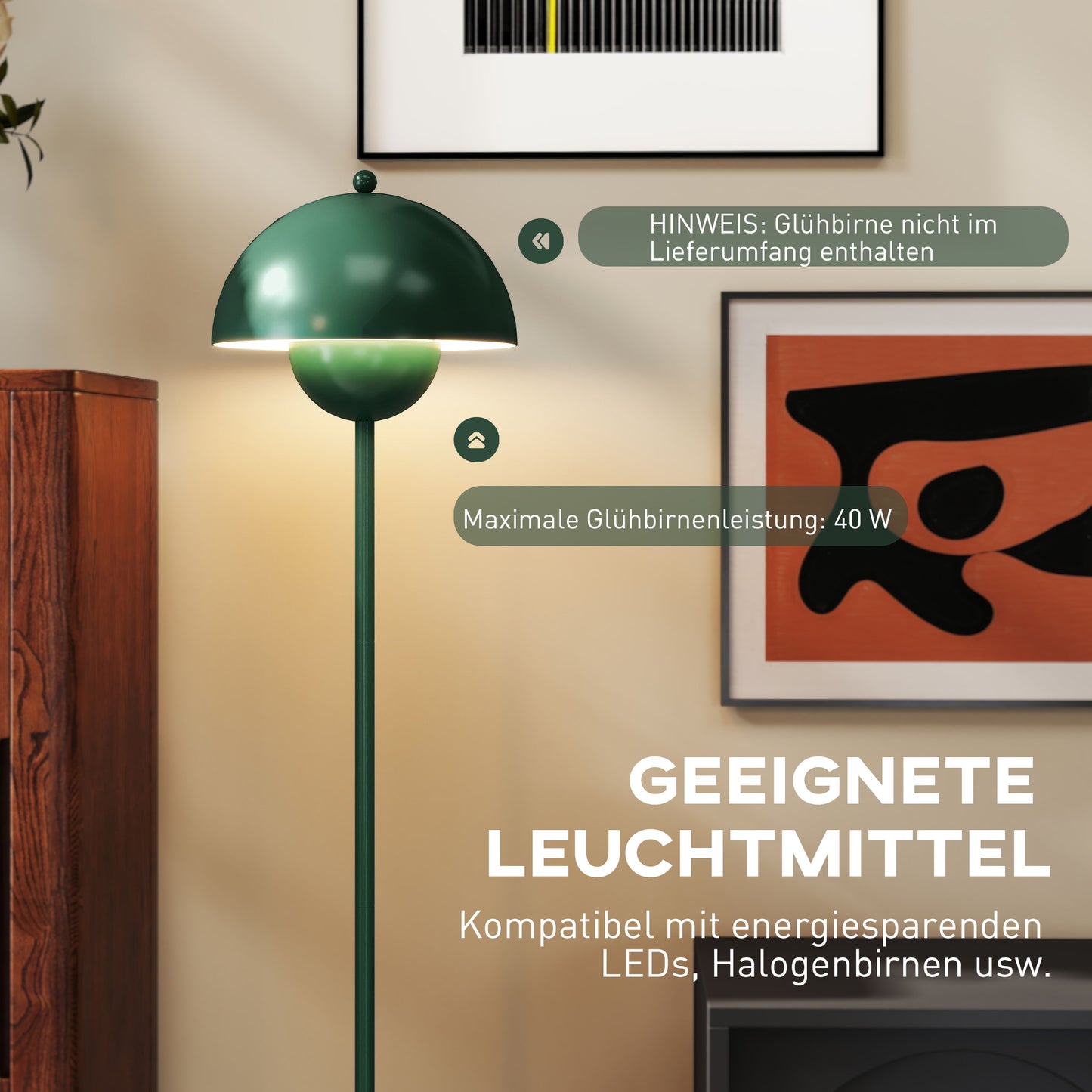 HOMCOM Stehlampe, runder Schirm, Fußschalter, langes Kabel, eleganter Look, Stahl, Grün