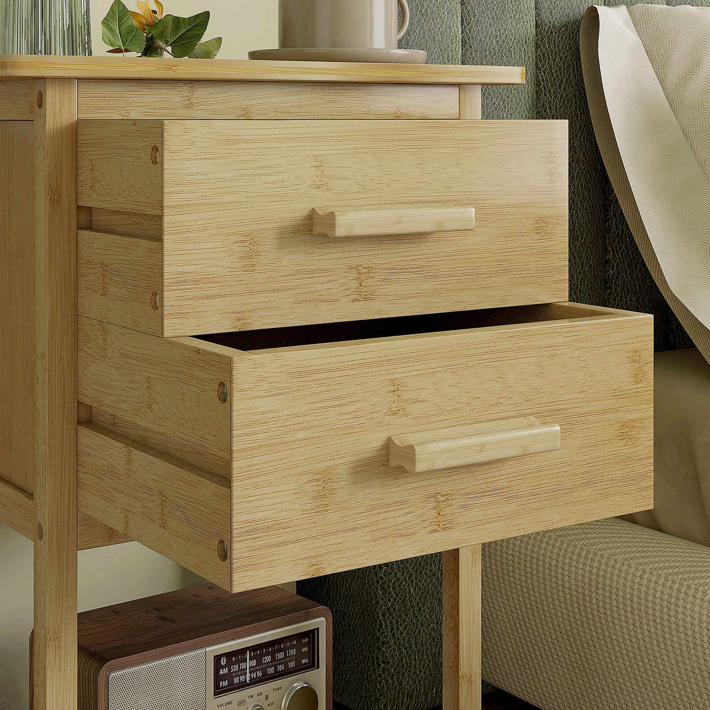 HOMCOM Nachtschrank, 2er-Set, Skandi-Design, Bambus, 2 Schubladen & Regal, 40x34x60cm