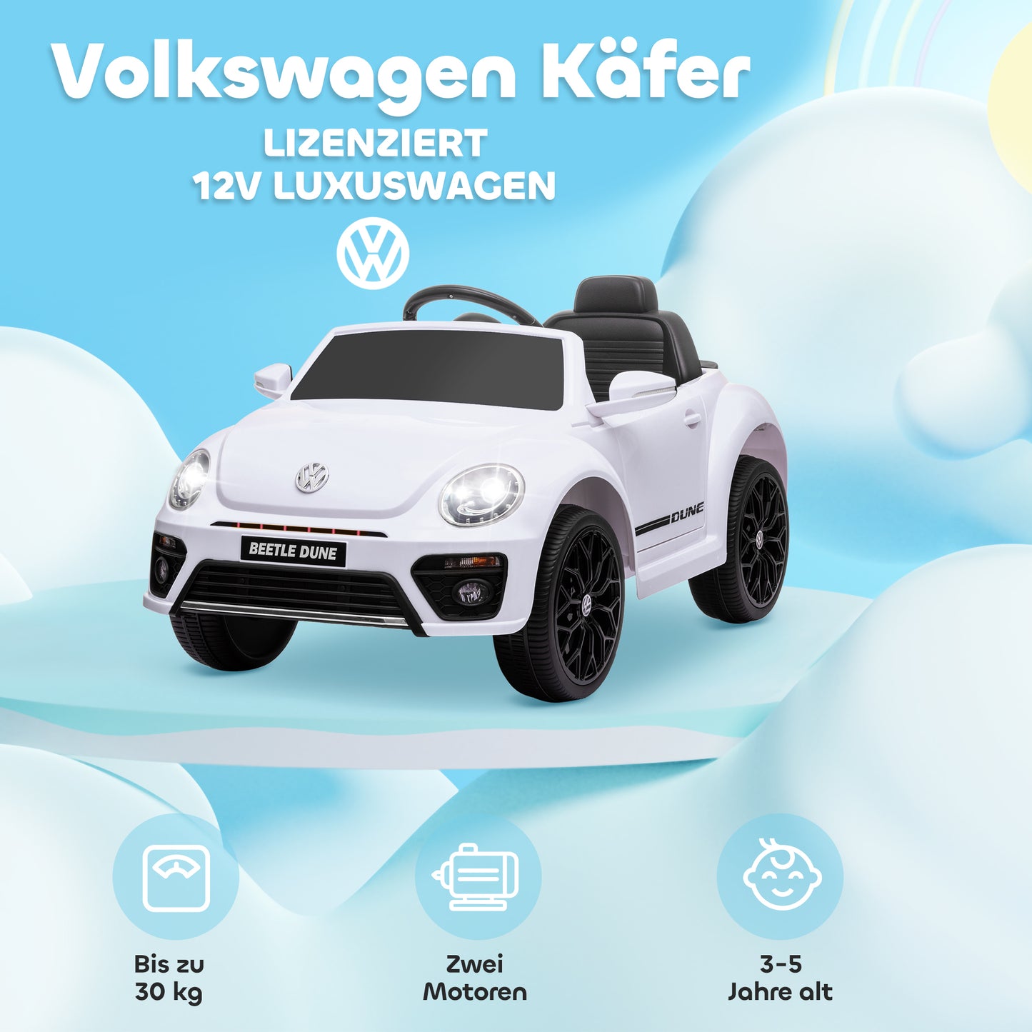 AIYAPLAY Elektro-Kinderfahrzeug, VW Käfer, 3-5 km/h, mit Fernbedienung & Musik, Weiß